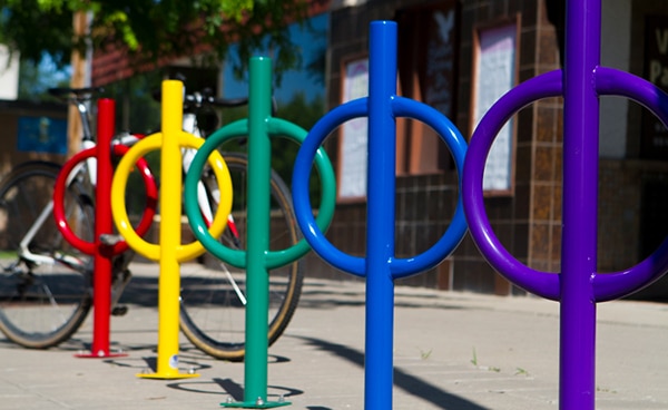 rainbow colored bike rack